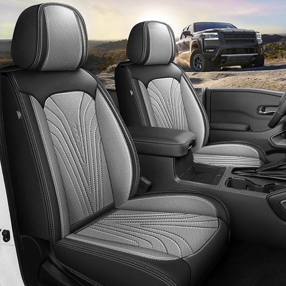 DISUTOGO Car Seat Covers Fit for Nissan Frontier 2009-2026: Waterproof Leather Full Set, Breathable Ice Silk, Seat Cushion Protector, Airbag Compatible2 Seats,Black & Gray