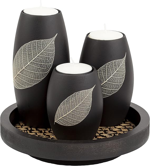 IYARA CRAFT Candle Holder Set with Tray 3 Handmade Wood Tealight Holders, Black Leaf Design, Winter Home Decor, Spa-Inspired Holiday Centerpiece & Elegant for Women, Mom, Housewarming