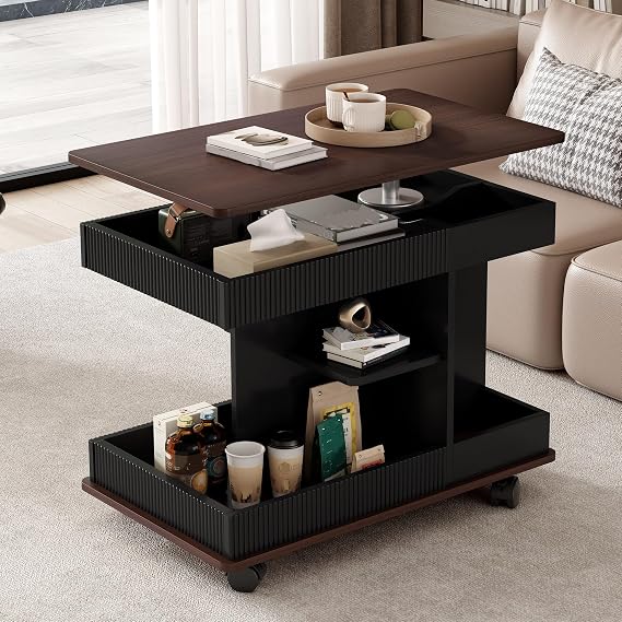 Adjustable End Table Coffee Tables with Wheels, Modern Multifunctional Sofa Side Table with Lift-Top, 360Rotating Top and Storage Space, Storage Side Tables for Living Room, Small Space (Black+Brown)