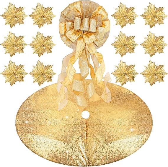 Christmas Tree Decorations Large Topper Bow Ribbon 12 Pieces Artificial Christmas Flowers Sequin Double Layers Xmas Tree Skirt for Xmas Wreaths Garland Holiday Decor