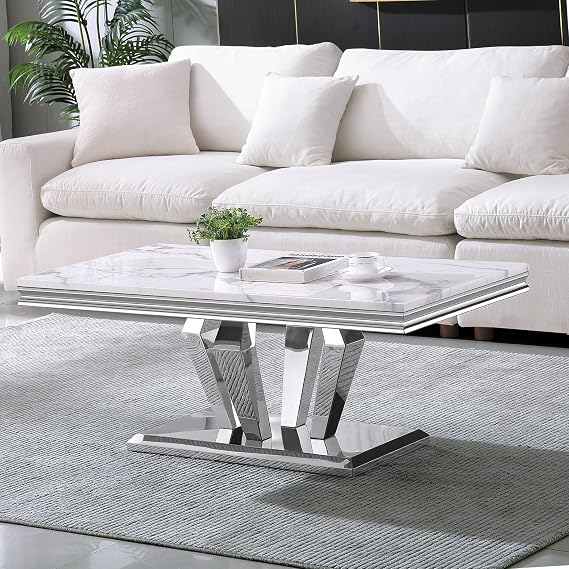 Modern Marble Coffee Table Luxury White Faux Marble Center Table with Diamond-Shape Polished Silver Base, 47" Rectangular Elegant Cocktail Accent Sofa Tables for Living Room Apartment