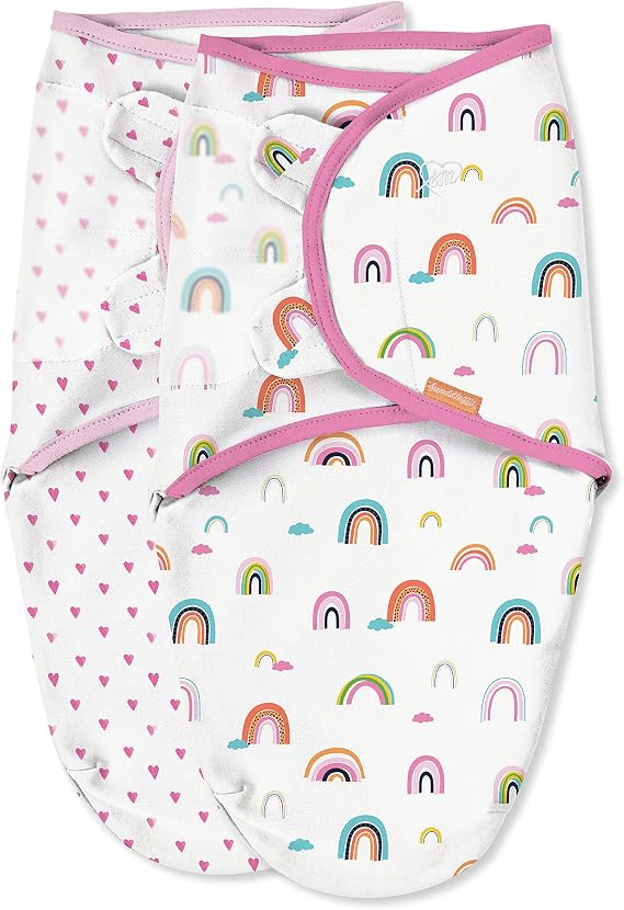 SwaddleMe Original Organic Swaddle 2-pk, 100% Organic Cotton Adjustable Baby Wrap, Small (0-3 Months, 7-14 lbs, up to 26"), Chasing Rainbows