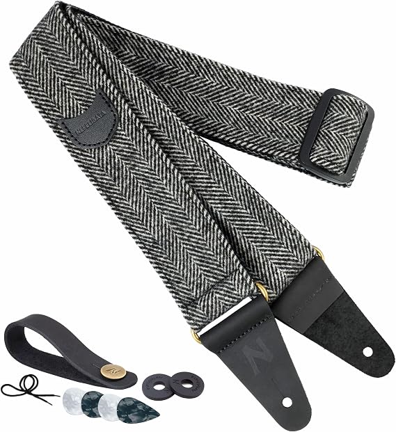 Nefelibata Guitar Strap, Soft Cashmere-containing Fabric Full Grain Leather End Guitar Straps for Bass, Electric and Acoustic Guitars, Come with Free Button, Locks and Guitar Picks