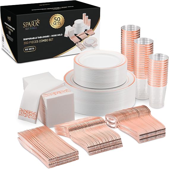 Rose Gold Plastic Plates For Party - Rose Gold Plastic Silverware - 350 PC Wedding Dinnerware Set 50 Guests, 100 Plastic Party Plates, 50 Cups, 50 Rose Gold Cutlery Sets & 50 Napkins-By SparkSettings