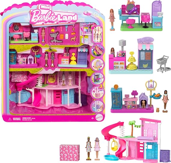 Barbie Mini Land DreamHouse & 3 Playsets with 4 1.5-Inch Dolls, Doll House Furniture & Accessories, Includes Pet Boutique, Hair Salon, Supermarket