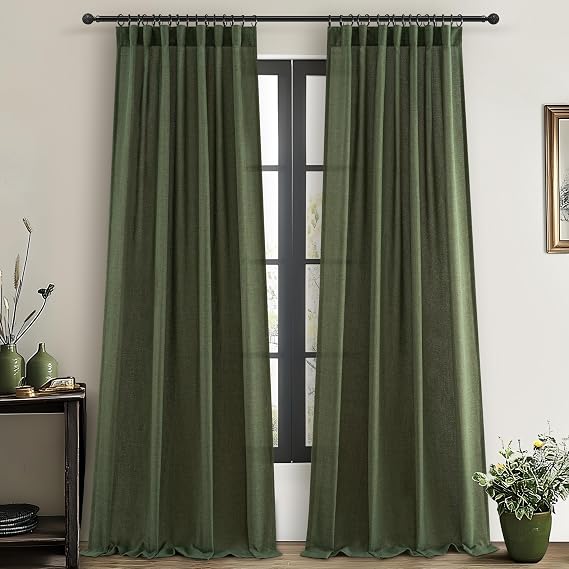 Olive Green Textured Linen Blend Sheer Curtains Light Filtering Privacy Pleated Floor to Ceiling 120 Inches Long Cortinas Para Salas Modernas 2 Panels for Living Room Window Drapes10 FT Dark Loden