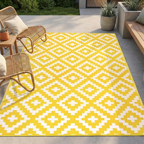 FH Home Outdoor Rug - Waterproof, Fade Resistant, Reversible - Premium Recycled Plastic - Geometric - Large Patio, Deck, Sunroom, Camping, RV - Aztec - Yellow & White Crease Free - 6 x 9 ft