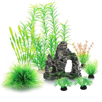 JIHAQUA Auarium Ornaments Fish Tank Decorations Plants with Resin Cave Rock View, 6pcs Decorations Plants Plastic,Fish Tank Accessories Green