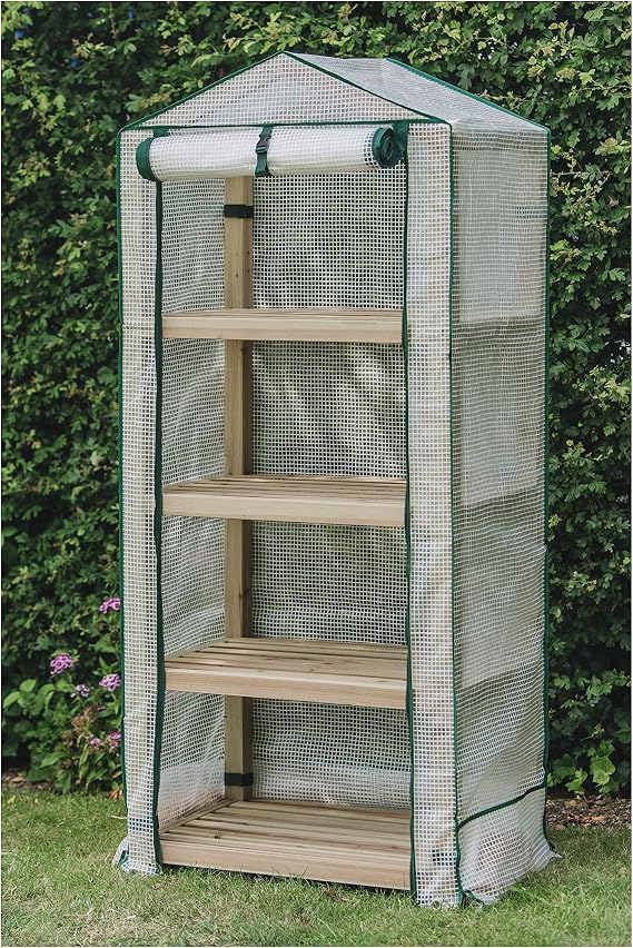 Gardman Premium 4-Wooden-Tier Greenhouse R08898 with Reinforced polyethylene Cover. Dimensions: 19" x 24" x 63" inches (LxWxH), Green