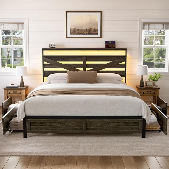 Queen Bed Frame with 4 Storage Drawers Farmhouse Bed Frame Queen Size with Headboard Metal Platform Bed No Box Spring Needed, Easy Assembly Grey