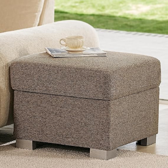 Square Storage Ottoman, 23.6 inches Modern Ottoman with Storage & Detachable Lid, Upholstered Stool with Solid Wood Legs, Medium Square Ottoman for Foot Rest, Living Room, Entryway, Brown