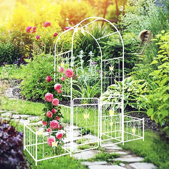 Metal Garden Arch with Gate 79.5" Wide x 86.6" High Outdoor Arbor with Planter Stands for Climbing Plants Roses,Steel Trellis for Garden Backyard Wedding Decor, White