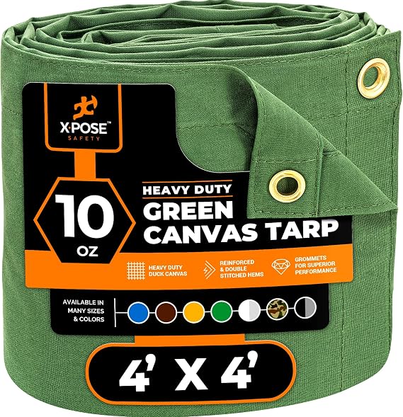 Xpose Safety Canvas Tarp - 10oz Green Canvas Tarps Heavy Duty Water Resistant with Brass Grommets- Multipurpose Outdoor Tarpaulin for Camping, Canopy, Trailer, Equipment Cover 4' x 4'