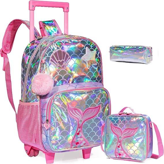 Mermaid Rolling Backpack for Girls Kids Backpack with Wheels for Elementary Kindergarten Girls Wheeled Bookbag Carry on Luggage for School Travel