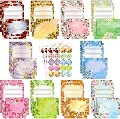 TaoBary 160 Pcs Stationery Paper Set 50 Double Sided Stationery Papers with 50 Matching Envelopes and 60 Round Dot Sticker, 10 DesignFlower,5.5 x 8.25 Inch