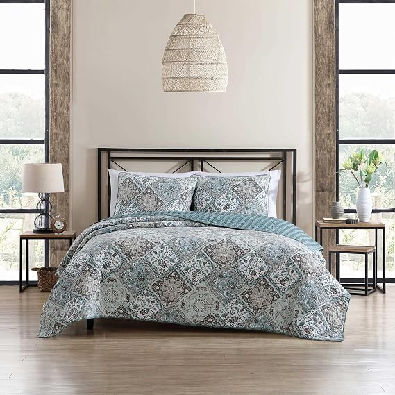 Stone Cottage - King Quilt Set, Reversible Cotton Bedding with Matching Shams, Ideal Bedding Set (Arell Teal, King)