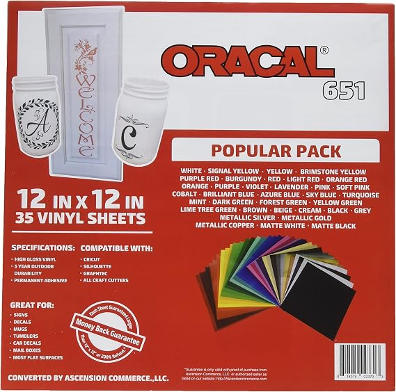 Oracal 651 Popular Pack - Adhesive Craft Vinyl for Cricut, Silhouette, Cameo, Craft Cutters, Printers, and Decals