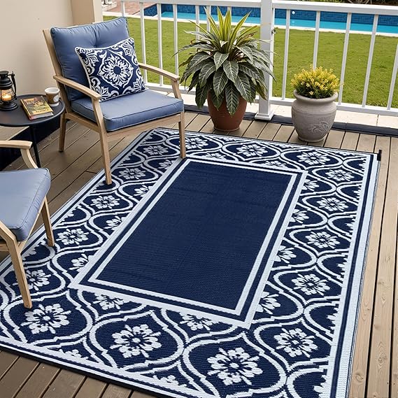 HUGEAR 5x8 Navy Blue Lantern Waterproof Outdoor Rug for Patio | Reversible Plastic Straw, Foldable, Easy Clean Outdoor Mat for Balcony, Porch, Beach, Tent, RV, Picnic