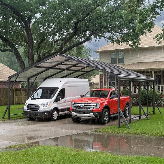 20x20 FT Car Port, Metal Carport for 2 Cars, Heavy Duty Canopy Carport with Updated Roof & Enhanced Base, Garage Vertaile Carports for RV Car, Truck, Boat, Tractors, Party, Grey