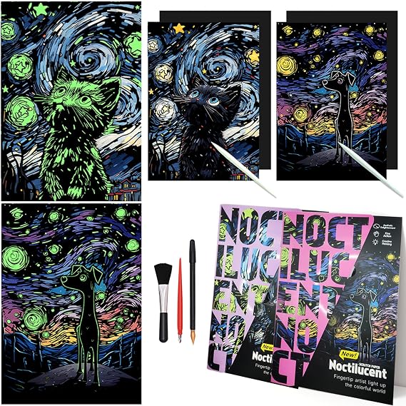 Luminous Scratch Paper Art Kit for Adults, 16x11.2in (Black Cat&Dog) | Rainbow Paper Art Scratch Kit, Mindful Meditation Craft for Adults, Stress Relief Activity, Screen Free&Creative Home Decor