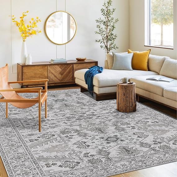 Washable Area Rug 4x6 | Non Slip Area Rug for Living Room, Bedrooms, Dining Room | Ultra-Soft Flannel Carpet Area with Rubber Backing (Light Grey, 4x6)