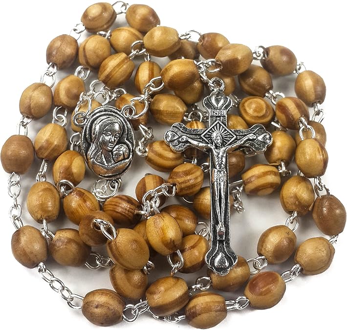 Nazareth Store Catholic Prayer Rosary Olive Wood Beads Necklace Holy Soil Medal & Metal Cross Velvet Gift Bag