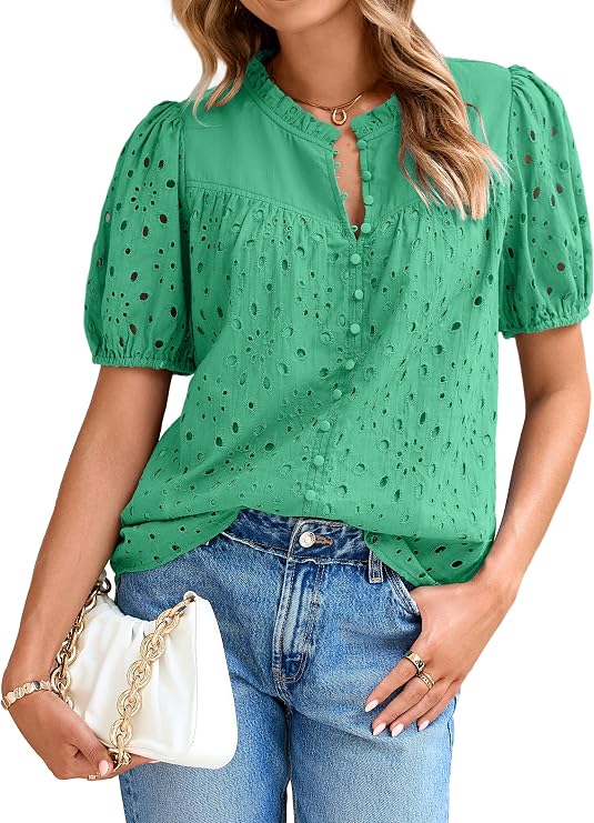 Glamaker Womens Summer Tops Blouse 2026 Casual Eyelet Embroidered Short Puff Sleeve Lace Hollow Out Button Dressy Shirts