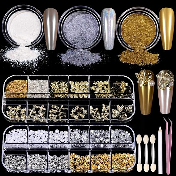 Teenitor Gold Chrome Nail Powder Kit with Nail Charms and Gems, Pearl Nail Chrome Powder for Nails, Silver Crome Powder for Gel Nails, Nail Supplies Nail Decor