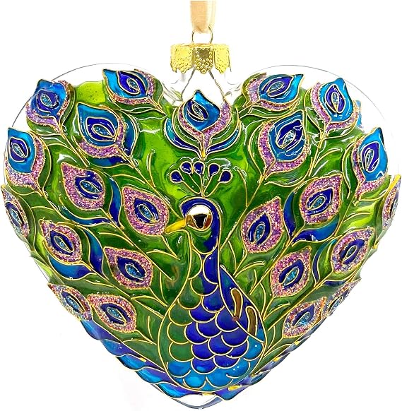 Cloisonne Peacock Heart Glass Ornament, Gift Boxed
