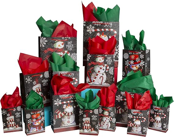 42-Pc. Chalkboard Snowman Gift Bag Set - Winter Christmas Design for Kids and Adults - 14 Small, Medium, and Large Bags with 28 Red and Green Tissue Papers - Best for Presents and Party Favors