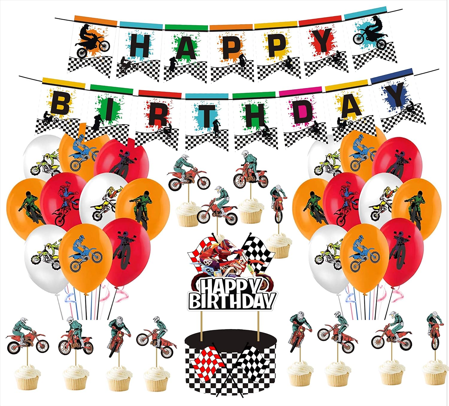 ANYMONYPF Motocross Bunting Banner Dirt Bike Birthday Party Supplies Banner Cake Cupcake Toppers Latex Balloons for Dirt Bike Themed Birthday Party