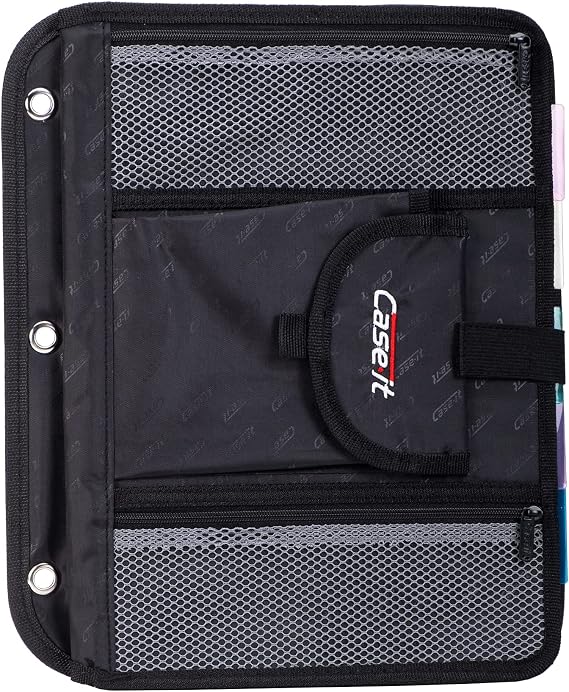 Case It 5-Tab Binder Accessory, 5-colored tabbed, 6 pocket expanding file, fits any standard 3 ring letter size binder, additional zippered mesh pockets for pen storage, ACC-21, Black