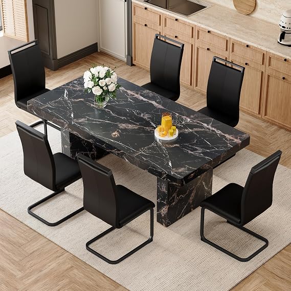 Ebullient Marble Dining Table Set for 6, 79'' Black Kitchen Table Set for 6, 3.5'' Thick Wooden Top with Rectangle Heavy Duty Legs, Modern Dining Table and Upholstered Chairs Set of 6, Marble Grain