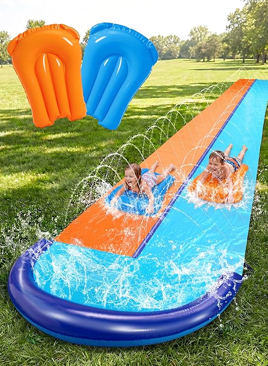 Sloosh 32.5FT Double Water Slides, Heavy Duty Lawn Slide with Sprinkler and 2 Inflatable Boards Backyard Yard Lawn Summer Outdoor Water Toy for Kids Adults