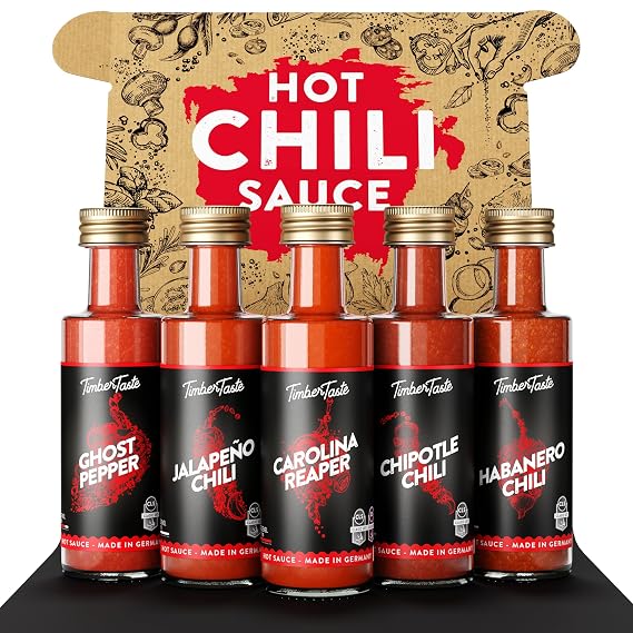 TIMBER TASTE Hot Sauce Sampler Set - 5 Gourmet Chili Condiments Carolina Reaper Ghost Pepper Habanero Jalapeno Chipotle | Hot Ones Style Variety Pack Mini Bottles - Birthday Gift for Him Her