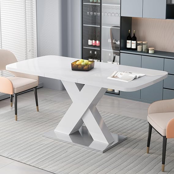 63" Extendable Marble Dining Room Table, Expandable Dining Table with Marble Table Top &X-Shape Table Leg, Rectangular Marble Kitchen Table for Dining Room Kitchen (White2)
