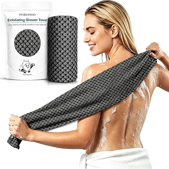 Blissal Exfoliating Towel, Silver Ion Infused Bath Washcloth for Shower, Durable Body & Back Scrubber for All Skin Types Deep Cleansing, Quick-Dry, 45-Inch Large Size, Black(1 Pack)
