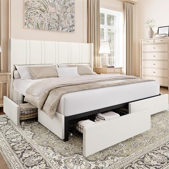BRELTAM Queen Size Bed Frame with 4 Storage Drawers, Linen Upholstery, Platform Bed with Wing Back Headboard, No Box Spring Required, Easy Assembly, White
