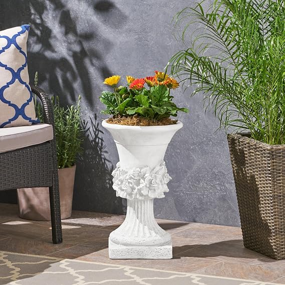 Decorative Garden Urn Planter 19.5" Tall Lightweight Concrete Pot for Outdoor Plants, Patio, Porch & Entryway Classic Pedestal Style, No Assembly Required, White