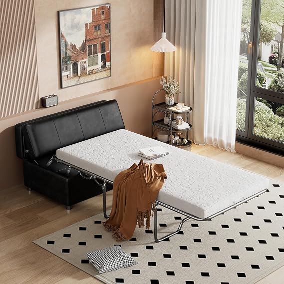 Flieks Folding Ottoman Sleeper Bed with Mattress Convertible Guest Bed Black