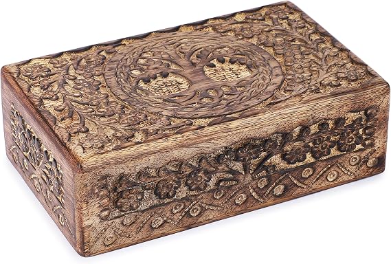Ajuny Wooden Jewelry Boxes Decorative Antique Boxes with Tree of Life Carving for Coffee Table Decor Birthday Gift for Women Small Jewelry Organizer Wooden Handmade Love Gift - 8X5 Inch