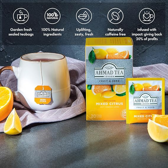 Ahmad Tea Herbal Tea, Mixed Citrus Teabags, 20 ct (Pack of 1) - Decaffeinated & Sugar-Free