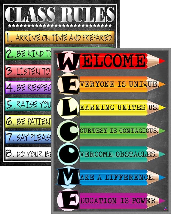 Welcome Poster and Class Rules Poster- Laminated, Size 14x19.5 in.- Back To School Classroom Decorations, Educational Posters, Teacher Supplies for Kindergarten, Elementary, and High School