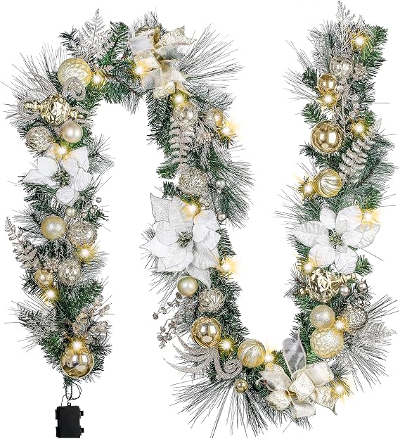 Valery Madelyn 9 Feet Pre-Lit Christmas Garland with Lights for Mantle, Lighted Outdoor Xmas Garland with White Gold Balls & Magnolia for Home Stairs Fireplace Table Centerpiece Indoor Holiday Decor