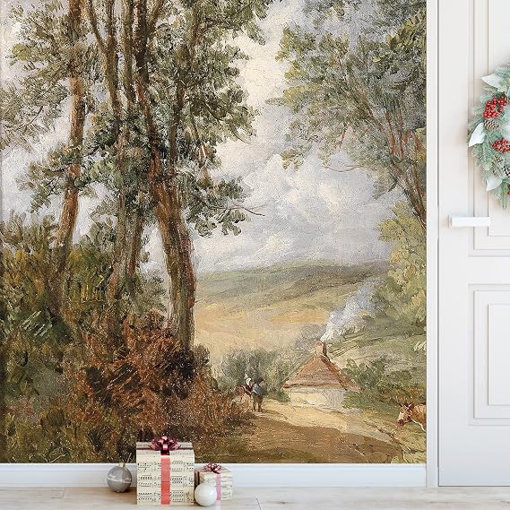 IDEA4WALL Removable Wall Sticker/Wall Mural Forest Village Farmer and Cows Nature Wilderness Illustrations Fine Art Farmhouse/Country Landscape Rustic for Living Room, Bedroom, Office - 100"x144"