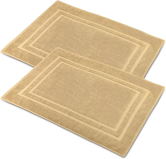 Bath Mat Floor Towel for Bathroom 22 x 32 Banded Rug - 100% Ring Spun Cotton Highly Absorbent Machine Washable 2 Pack Non Rubber Backing Mats Shower Spa Hotel (Beige)