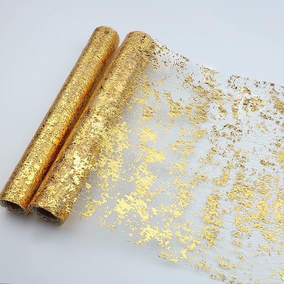 Snowkingdom 2 Pcs Gold Table Runner, Sequin Glitter Foil Metallic Thin Mesh Runner Roll 11"x108", Gold Table Decorations for Event Party Wedding Birthday Christmas Thanksgiving Festive