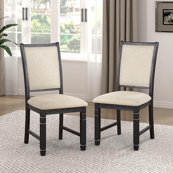 Lexicon Farmhouse Wood Dining Chair Set of 2, Black/Beige Fabric
