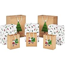 Hallmark Christmas Gift Bags for Kids (8 Bags: 3 Small 6", 3 Medium 9", 2 Large 13") Recyclable Kraft with Santa, Lights and Tree